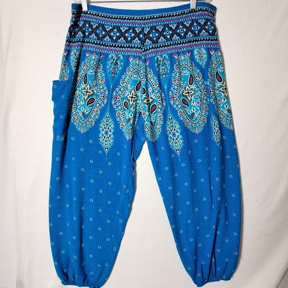 Lofbaz Womens Harem Pants Size 3X Smocked Elastic Waist & Legs Blue Print - Picture 1 of 11